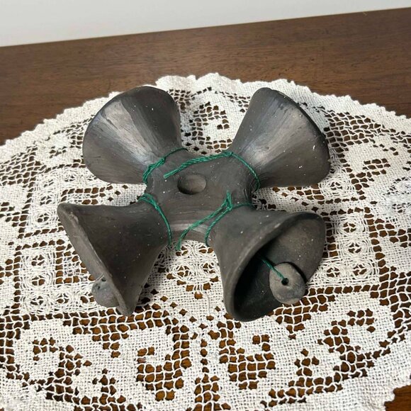 Mexican pottery - vintage 4.5” black clay wedding bell